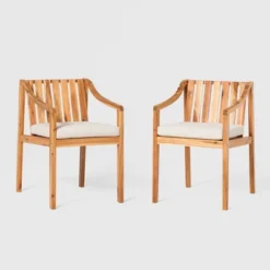 Saracina Home 2pk Mid-Century Modern Slatted Outdoor Acacia Arm Chairs With Cushions -Saracina Home Deals Store GUEST 0016f698 7c55 460b bf1f 8be1b164e811