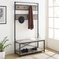Saracina Home Deals Store 11 72" Industrial Farmhouse Metal And Wood Hall Tree Gray Wash - Saracina Home