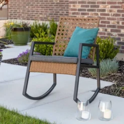 New Release 5 Komodo Modern Boho Faux Rattan & Metal Outdoor Rocking Chair With Cushion - Brown/Gray - Saracina Home
