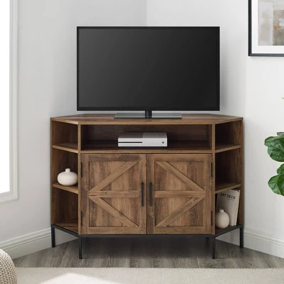 Atticus Modern Farmhouse 2 Door Corner TV Stand For TVs Up To 55" Rustic Oak - Saracina Home 1 Atticus Modern Farmhouse 2 Door Corner TV Stand For TVs Up To 55" Rustic Oak - Saracina Home