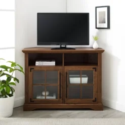 Avalene Rustic Farmhouse Corner TV Stand For TVs Up To 50" Natural Walnut - Saracina Home -Saracina Home Deals Store GUEST 24a430f9 4680 4615 b716 7377396a0a55