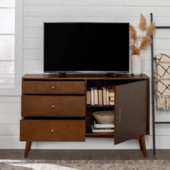Mid-Century Modern With Closed Storage TV Stand For TVs Up To 58" Walnut - Saracina Home -Saracina Home Deals Store GUEST 272c04f3 ea07 453c 9824 8666892ac8d7