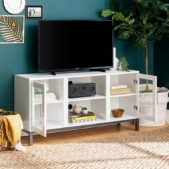 Pierceton Modern Double Glass Door With Metal Legs TV Stand For TVs Up To 58" White - Saracina Home -Saracina Home Deals Store GUEST 2c1fd597 52e5 48a8 9e83 a72aa568db78