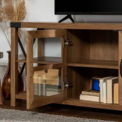 Sophie Rustic Farmhouse X Frame Glass Doors TV Stand For TVs Up To 80" Rustic Oak - Saracina Home -Saracina Home Deals Store GUEST 2d1619d6 6228 4a03 b8af 73592536e713