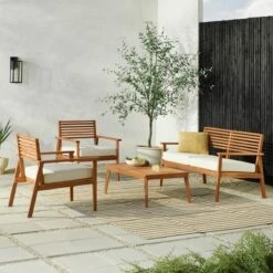 New Release 11 Saracina Home 4pc Mid-Century Modern Slatted Acacia Outdoor Patio Conversation Furniture Set