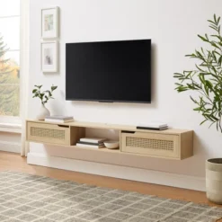 Modern Boho Floating TV Stand For TVs Up To 80" With Rattan Doors Coastal Oak - Saracina Home
