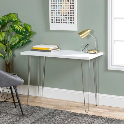 Gibby Modern Glam Hairpin Leg Writing Desk Faux White Marble - Saracina Home 1 Gibby Modern Glam Hairpin Leg Writing Desk Faux White Marble - Saracina Home