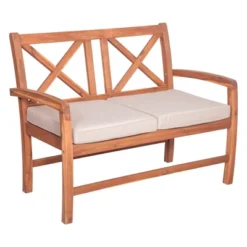 New Release 15 Acacia Wood X-Back Love Seat With Cushions Brown - Saracina Home