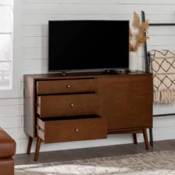 Mid-Century Modern With Closed Storage TV Stand For TVs Up To 58" Walnut - Saracina Home -Saracina Home Deals Store GUEST 54c83906 77ba 4118 b803 113db40fdb4a