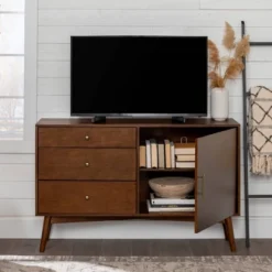 Mid-Century Modern With Closed Storage TV Stand For TVs Up To 58" Walnut - Saracina Home -Saracina Home Deals Store GUEST 559b40fb 3110 44b0 a6be ec4b539a5d7f
