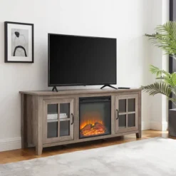 Transitional Farmhouse Window Pane Fireplace TV Stand For TV's Up To 65" Gray Wash - Saracina Home