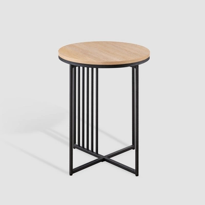 Modern Metal Bar Round Side Table Coastal Oak/Black Saracina Home 2 Modern Metal Bar Round Side Table Coastal Oak/Black Saracina Home - Image 2