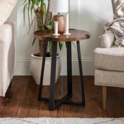 Set Of 2 Wrightson Urban Industrial Wrap Leg Round Side Tables Dark Walnut - Saracina Home