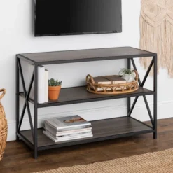 25.62" X Frame Metal And Wood Media Bookshelf - Saracina Home