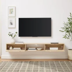 Modern Boho Floating TV Stand For TVs Up To 80" With Rattan Doors Coastal Oak - Saracina Home -Saracina Home Deals Store GUEST bdcb8965 2ebd 49d4 815a d3cfdbcfb1e9