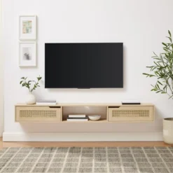Modern Boho Floating TV Stand For TVs Up To 80" With Rattan Doors Coastal Oak - Saracina Home -Saracina Home Deals Store GUEST cdeb4d3e c8db 482f bceb 3f6259779594