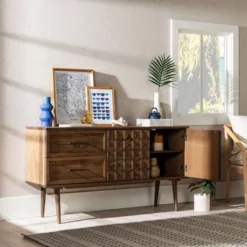 58" Modern Boho Solid Pine Wood Closed Storage Sideboard Brown - Saracina Home -Saracina Home Deals Store GUEST d5c808a3 4500 410f a047 32c2501f934a