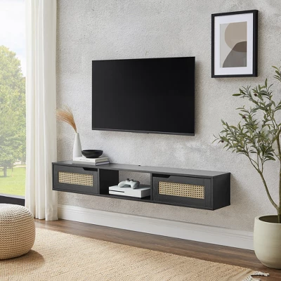 Modern Boho Floating TV Stand For TVs Up To 65" With Rattan Doors - Saracina Home 1 Modern Boho Floating TV Stand For TVs Up To 65" With Rattan Doors - Saracina Home