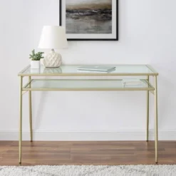 Modern 2 Tier Glass Top Writing Desk With Metal Legs Gold - Saracina Home -Saracina Home Deals Store GUEST f29dbca3 f72a 47f1 b485 067966ea3eef
